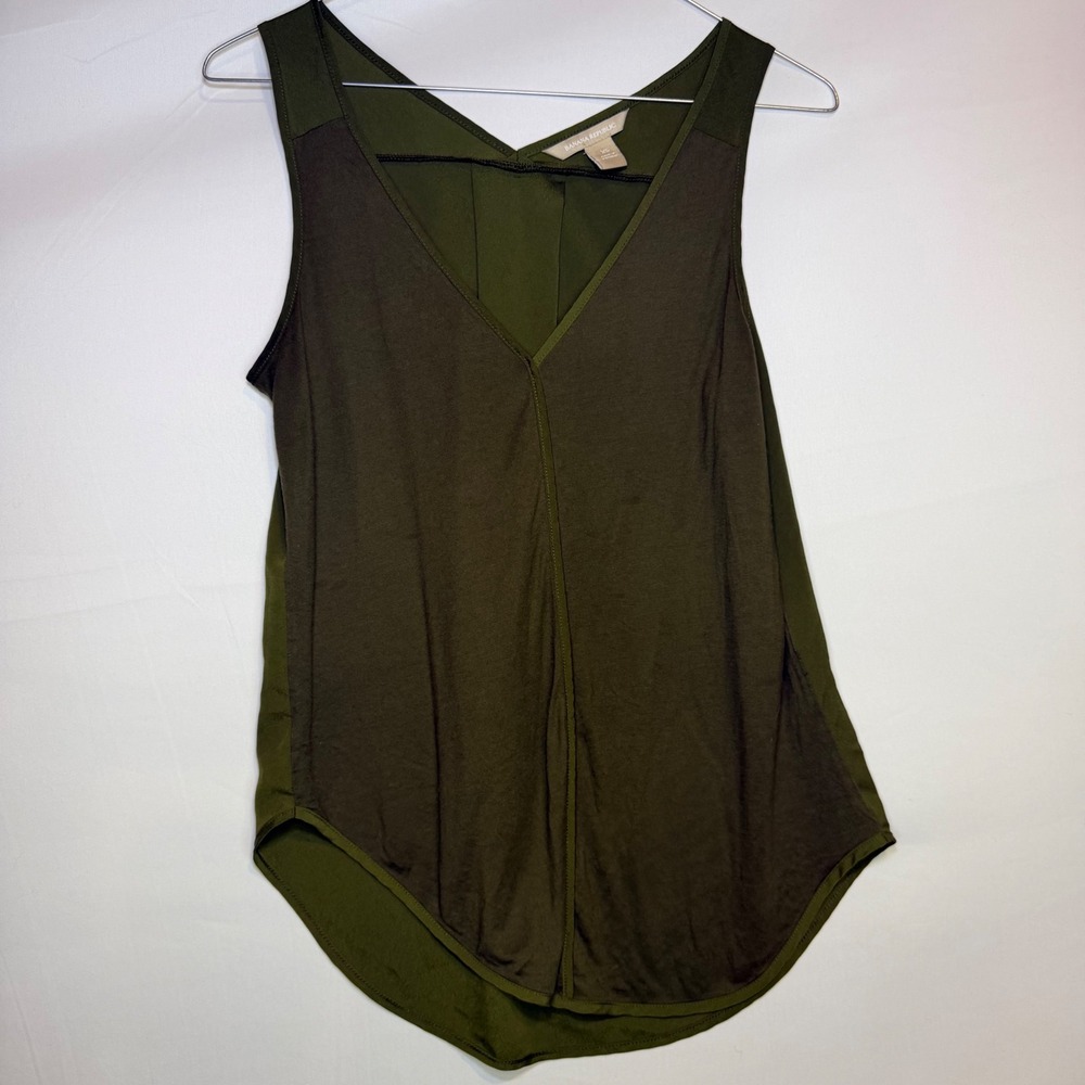 Banana Republic Womens XS Olive Green Mixed Media V-Neck Pleated Back Tank Top